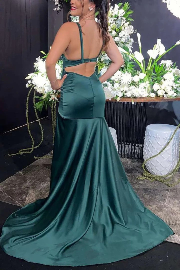 Lumidress Hunter Green V-Neck Mermaid Satin Prom Dress with Slit