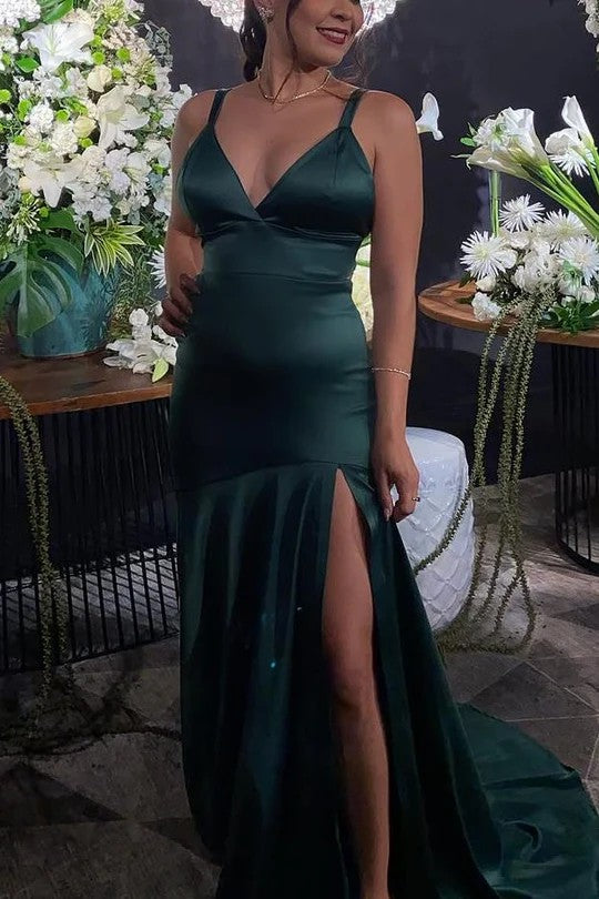 Lumidress Hunter Green V-Neck Mermaid Satin Prom Dress with Slit