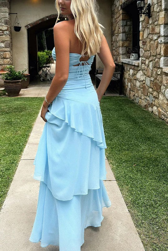Lumidress Blue Strapless Ruffle Chiffon Floor-Length Prom Party Dress