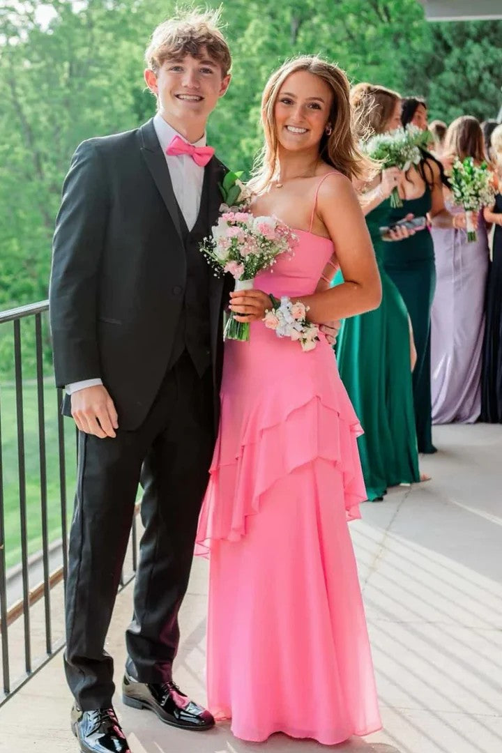 Lumidress Pink Spaghetti Strap Ruffled Lace-Up Floor-Length Prom Dress
