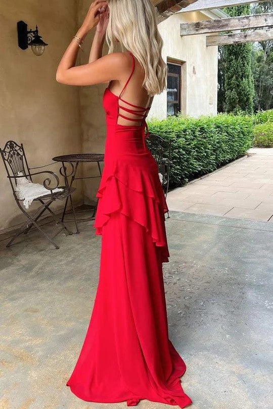 Lumidress Pink Spaghetti Strap Ruffled Lace-Up Floor-Length Prom Dress