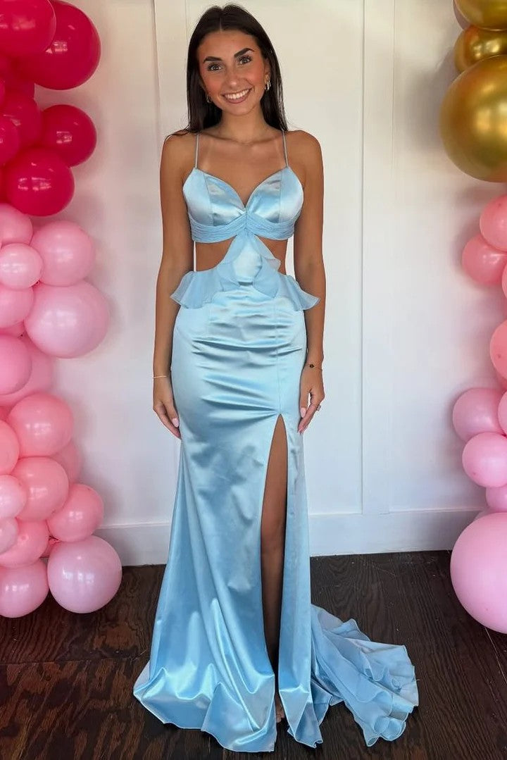 Lumidress Spaghetti Straps Cut-Out Satin Mermaid Prom Dress with Ruffles &amp; Slit