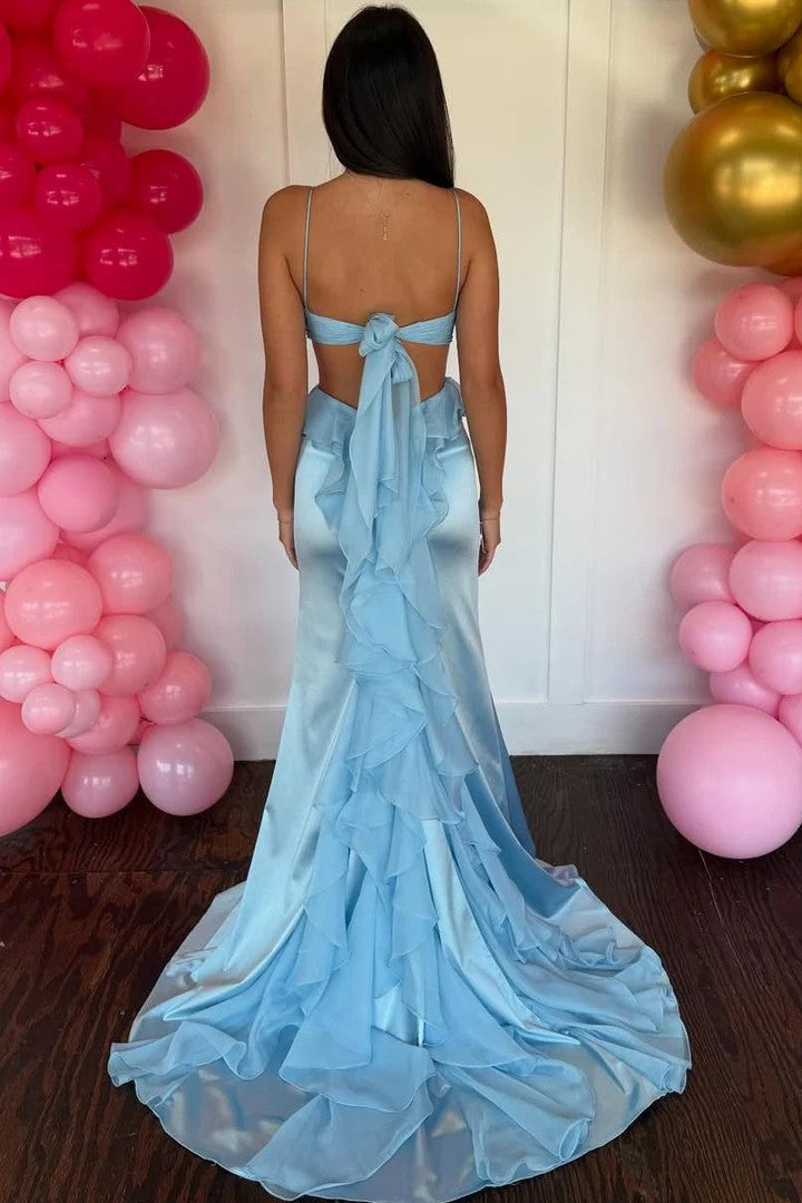 Lumidress Spaghetti Straps Cut-Out Satin Mermaid Prom Dress with Ruffles &amp; Slit