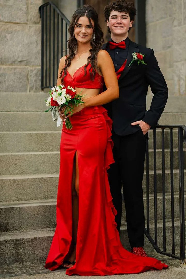 Lumidress Spaghetti Straps Cut-Out Satin Mermaid Prom Dress with Ruffles &amp; Slit