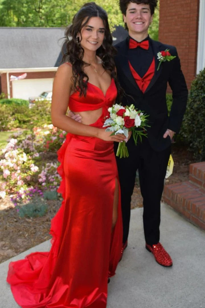 Lumidress Spaghetti Straps Cut-Out Satin Mermaid Prom Dress with Ruffles &amp; Slit
