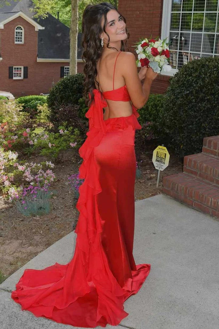Lumidress Spaghetti Straps Cut-Out Satin Mermaid Prom Dress with Ruffles &amp; Slit