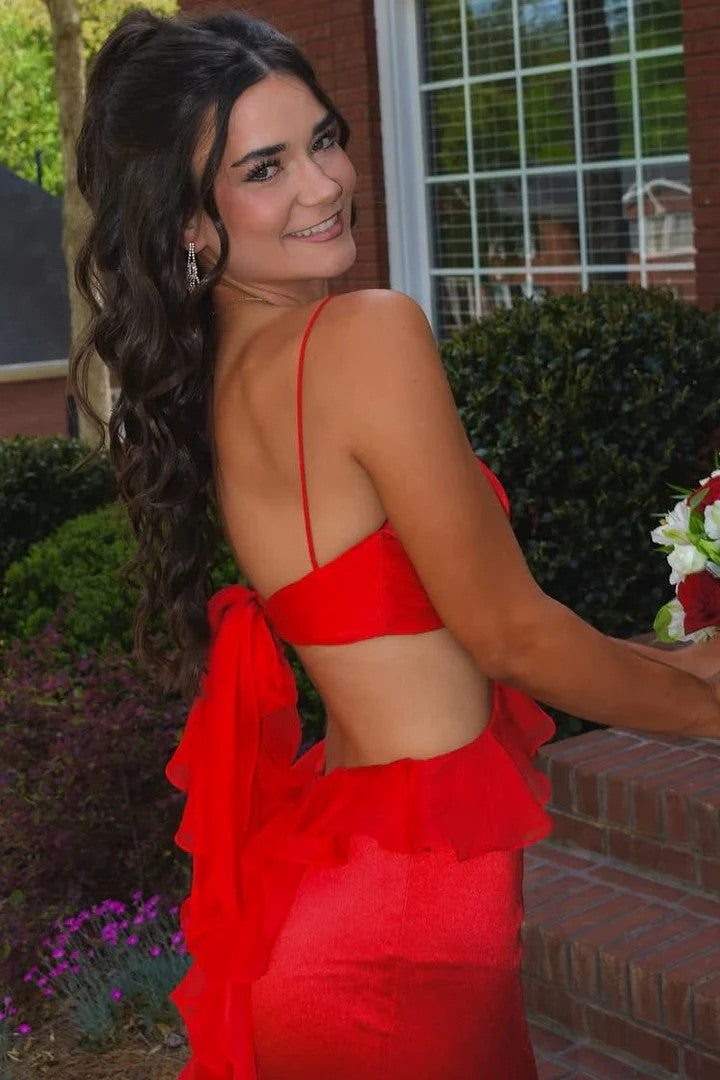 Lumidress Spaghetti Straps Cut-Out Satin Mermaid Prom Dress with Ruffles &amp; Slit