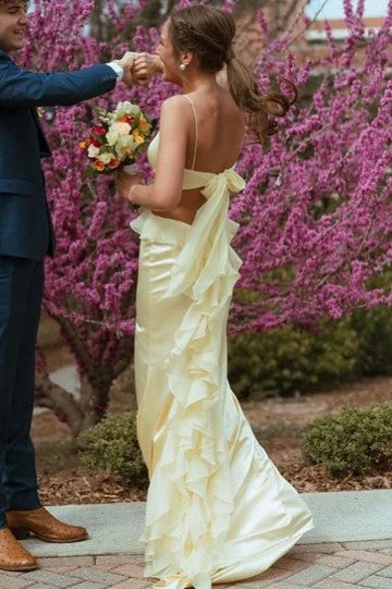 Lumidress Spaghetti Straps Cut-Out Satin Mermaid Prom Dress with Ruffles &amp; Slit