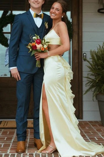 Lumidress Spaghetti Straps Cut-Out Satin Mermaid Prom Dress with Ruffles &amp; Slit