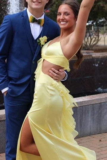 Lumidress Spaghetti Straps Cut-Out Satin Mermaid Prom Dress with Ruffles &amp; Slit