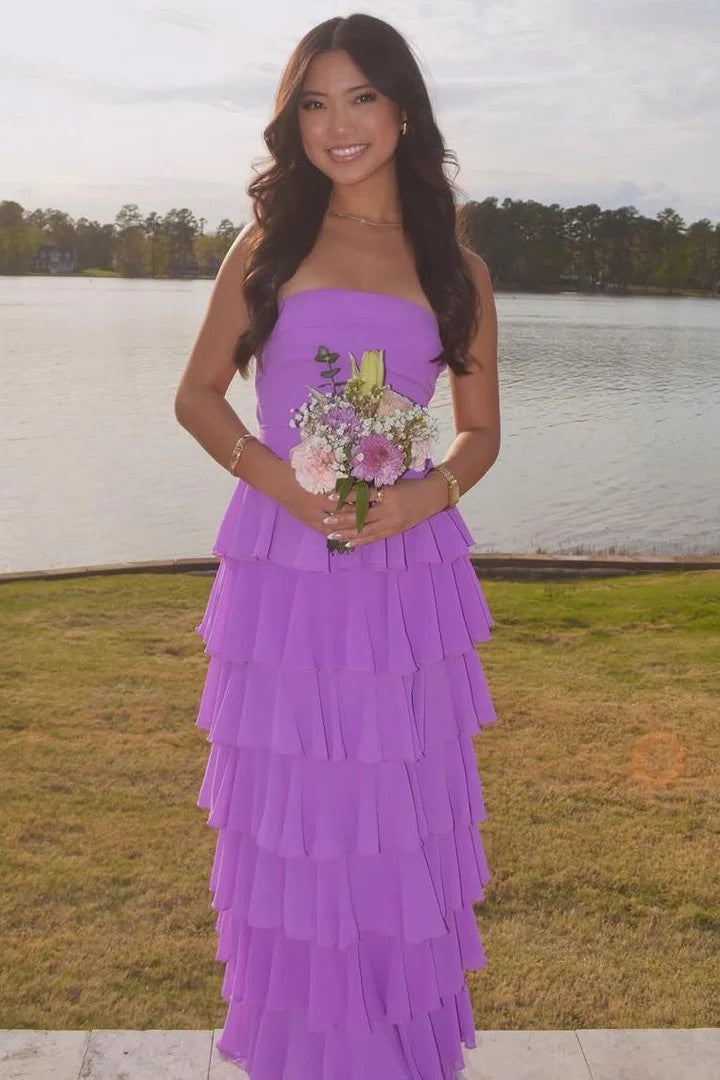 Lumidress Off-the-Shoulder A-Line Ruffled Sleeveless Long Prom Dress