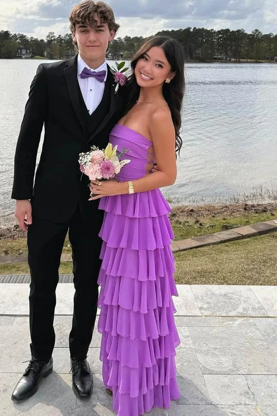 Lumidress Off-the-Shoulder A-Line Ruffled Sleeveless Long Prom Dress