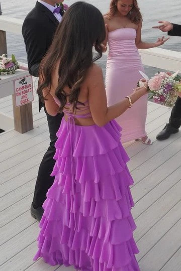 Lumidress Off-the-Shoulder A-Line Ruffled Sleeveless Long Prom Dress