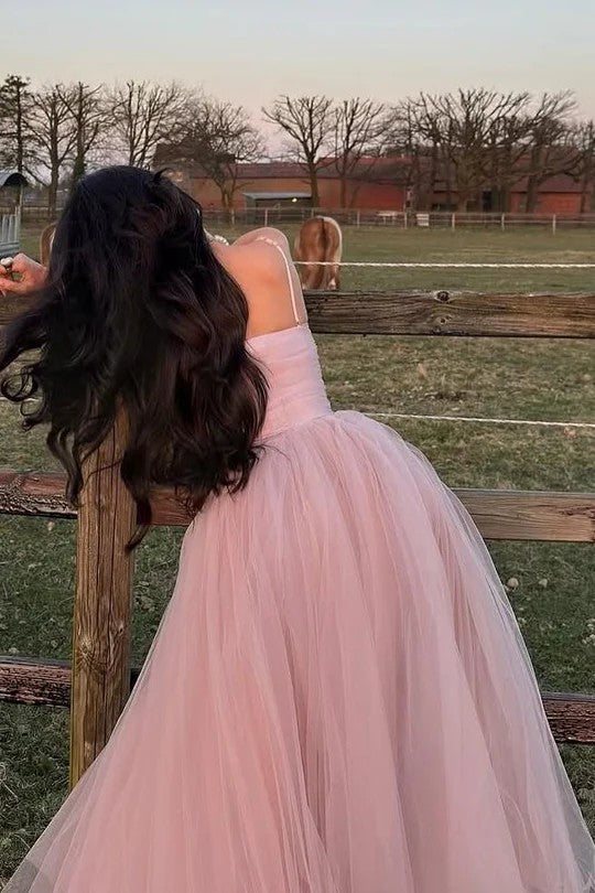 Lumidress Pink Spaghetti-Strap Empire-Waist Tulle Evening &amp; Prom Dress