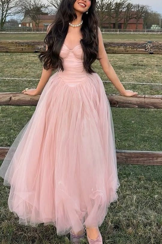 Lumidress Pink Spaghetti-Strap Empire-Waist Tulle Evening &amp; Prom Dress