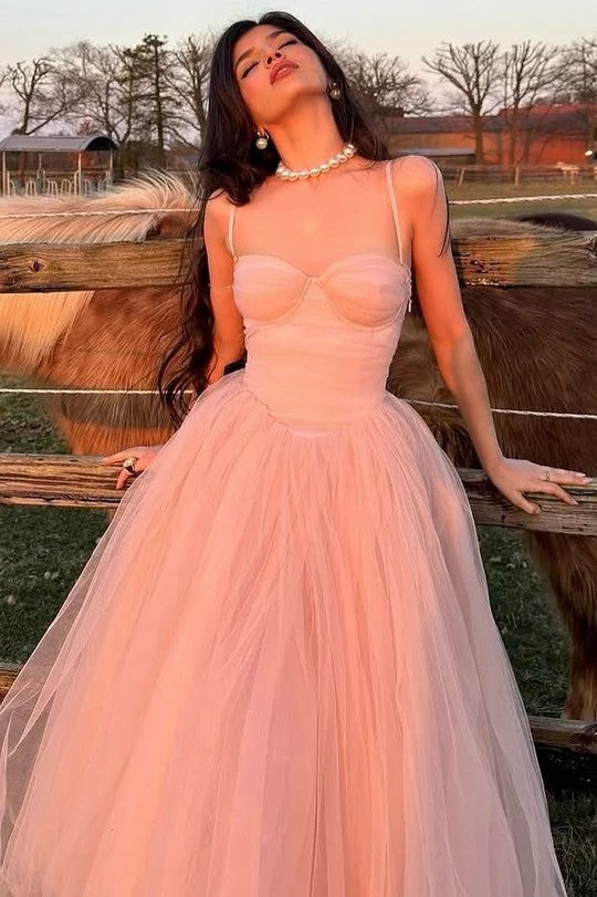 Lumidress Pink Spaghetti-Strap Empire-Waist Tulle Evening &amp; Prom Dress