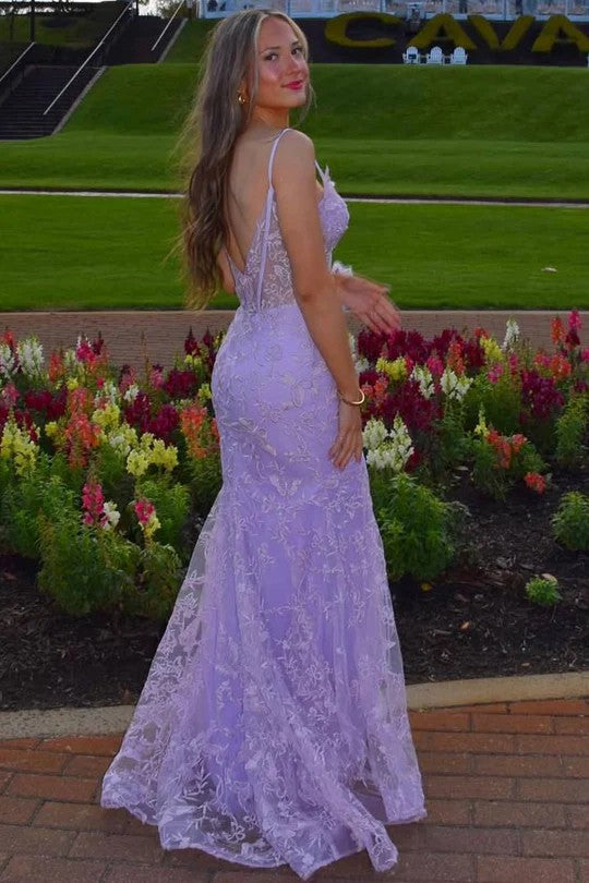Lumidress Elegant Lilac Spaghetti Straps V-Neck Lace Appliqué Mermaid Prom Dress