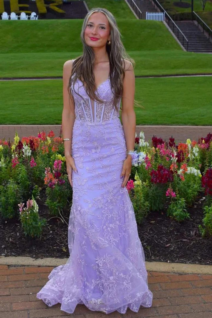 Lumidress Elegant Lilac Spaghetti Straps V-Neck Lace Appliqué Mermaid Prom Dress