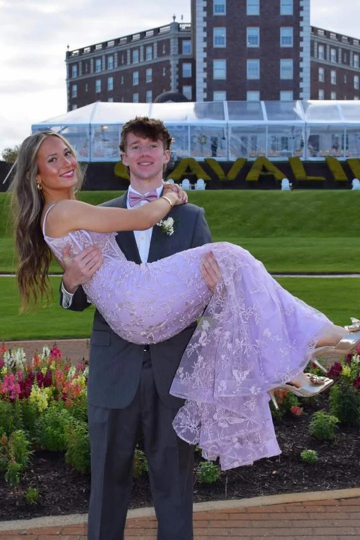 Lumidress Elegant Lilac Spaghetti Straps V-Neck Lace Appliqué Mermaid Prom Dress