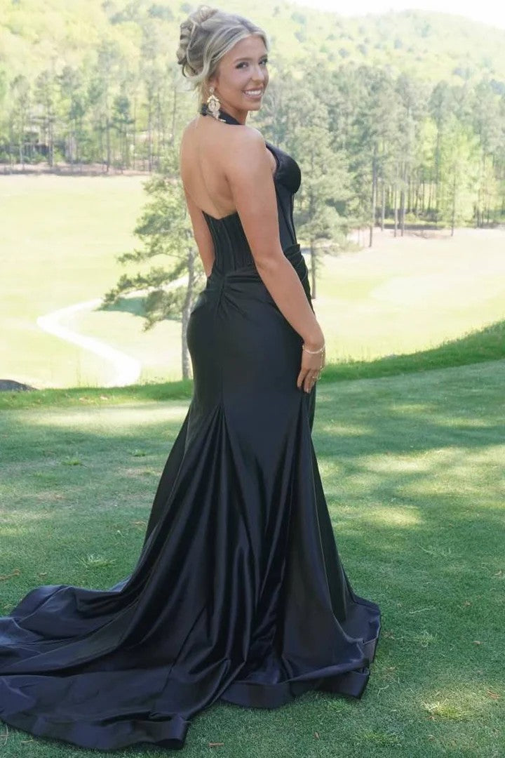 Lumidress Classy Halter Deep V-Neck Satin Mermaid Formal Prom Dress with Slit