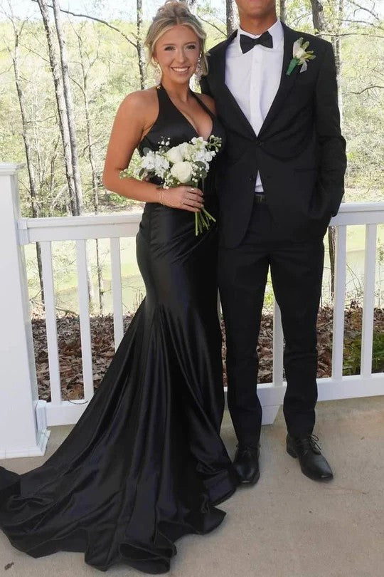 Lumidress Classy Halter Deep V-Neck Satin Mermaid Formal Prom Dress with Slit
