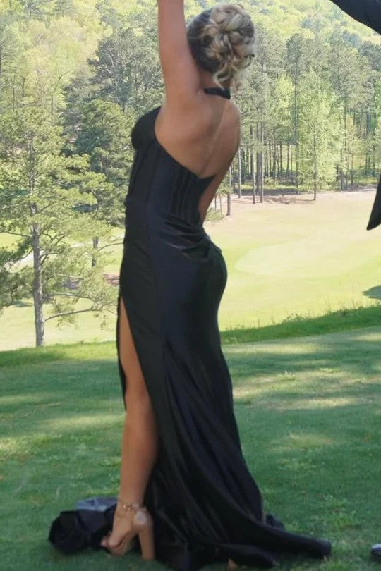 Lumidress Classy Halter Deep V-Neck Satin Mermaid Formal Prom Dress with Slit
