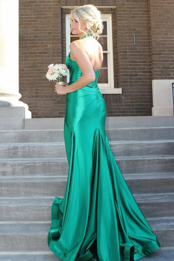 Lumidress Classy Halter Deep V-Neck Satin Mermaid Formal Prom Dress with Slit