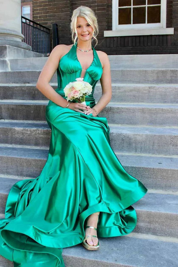 Lumidress Classy Halter Deep V-Neck Satin Mermaid Formal Prom Dress with Slit