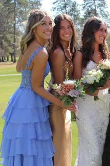 Lumidress Elegant One-Shoulder A-Line Layered Chiffon Prom Dress with Lace Appliqués