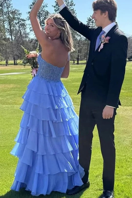 Lumidress Elegant One-Shoulder A-Line Layered Chiffon Prom Dress with Lace Appliqués