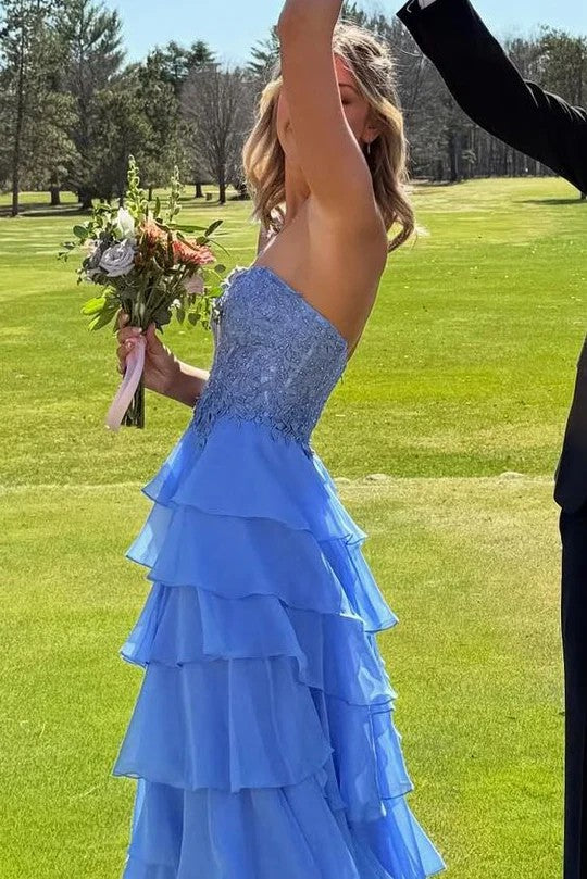 Lumidress Elegant One-Shoulder A-Line Layered Chiffon Prom Dress with Lace Appliqués