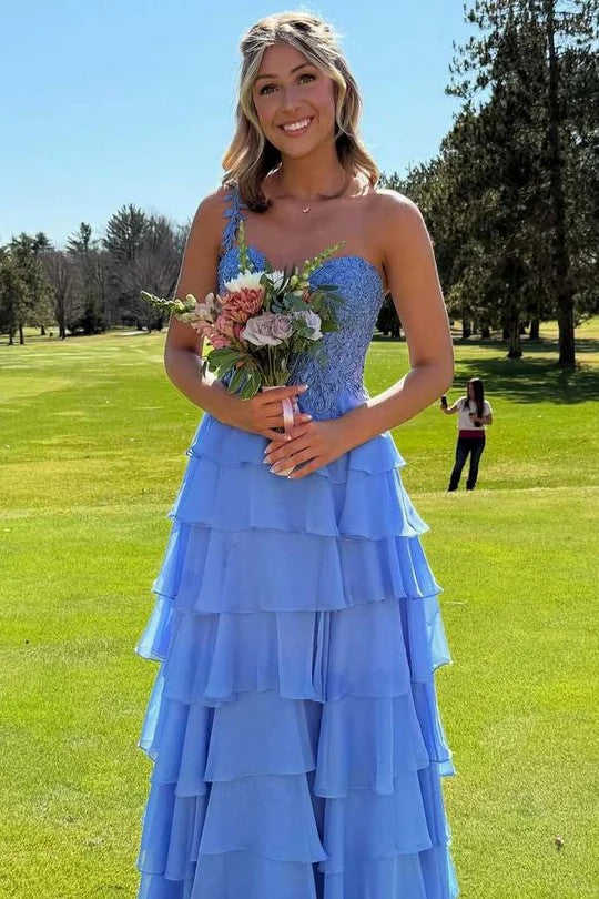 Lumidress Elegant One-Shoulder A-Line Layered Chiffon Prom Dress with Lace Appliqués