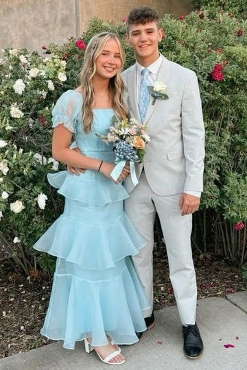 Lumidress Romantic Light Blue Puff Sleeve Tiered Ruffle Midi Evening Dress