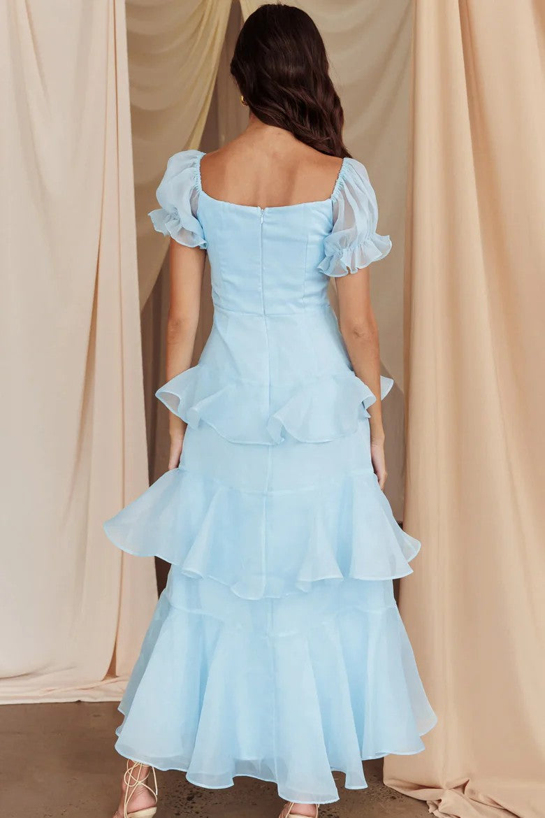 Lumidress Romantic Light Blue Puff Sleeve Tiered Ruffle Midi Evening Dress