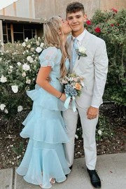 Lumidress Romantic Light Blue Puff Sleeve Tiered Ruffle Midi Evening Dress