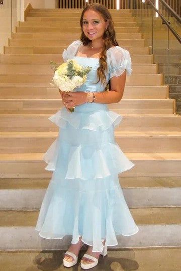 Lumidress Romantic Light Blue Puff Sleeve Tiered Ruffle Midi Evening Dress