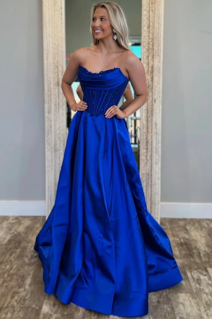 Lumidress Royal Blue Strapless Lace Appliques A-Line Pleated Satin Prom Dress