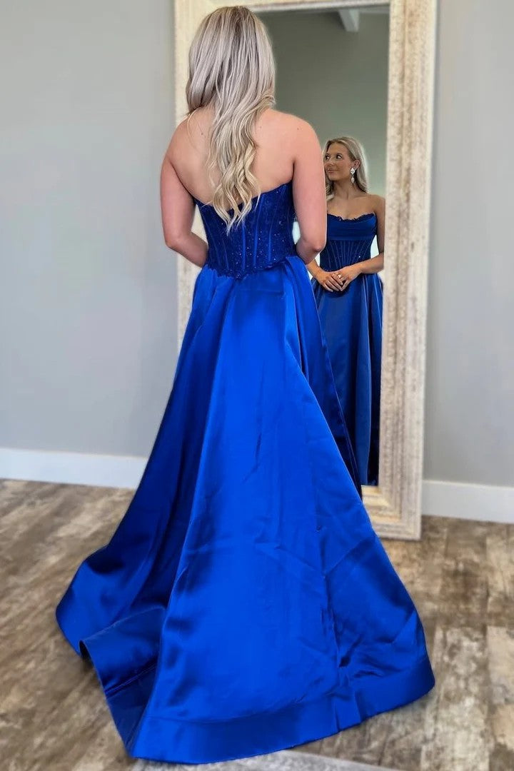 Lumidress Royal Blue Strapless Lace Appliques A-Line Pleated Satin Prom Dress