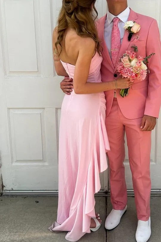 Lumidress Elegant Pink Strapless Ruched High-Low Satin Prom Dress with Slit