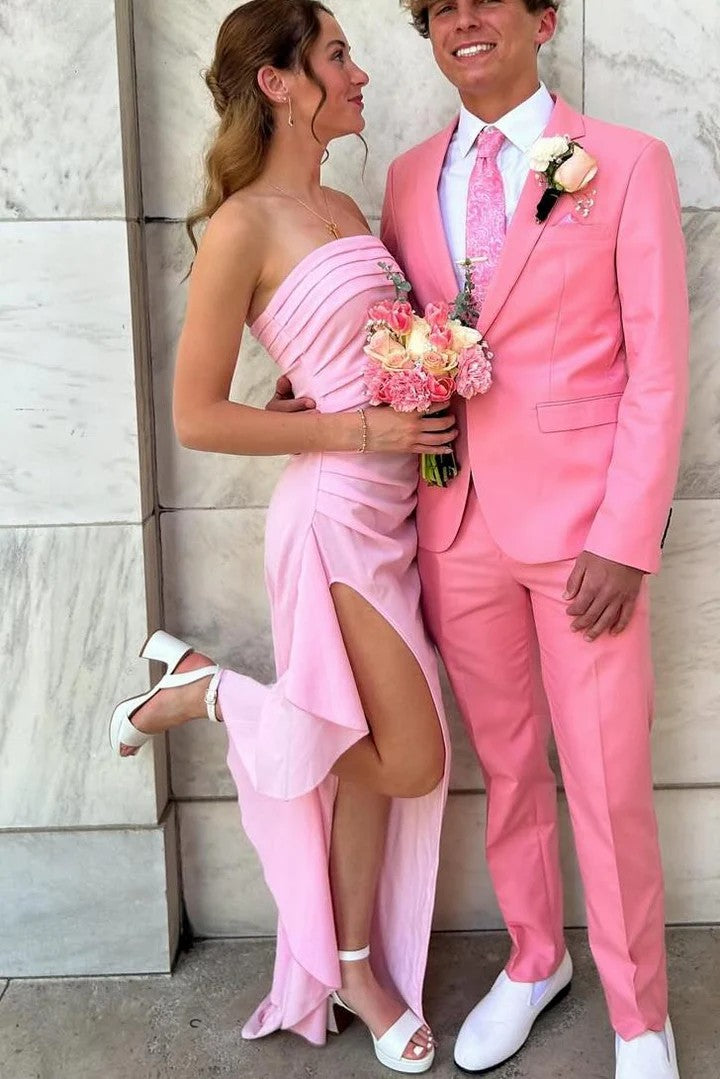 Lumidress Elegant Pink Strapless Ruched High-Low Satin Prom Dress with Slit