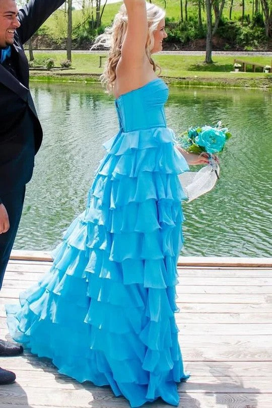 Lumidress Elegant Strapless A-Line Layered Chiffon Prom Dress with Slit