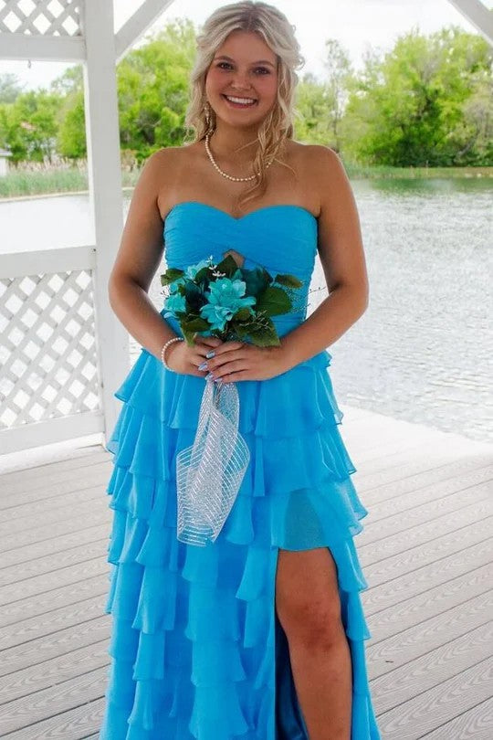 Lumidress Elegant Strapless A-Line Layered Chiffon Prom Dress with Slit
