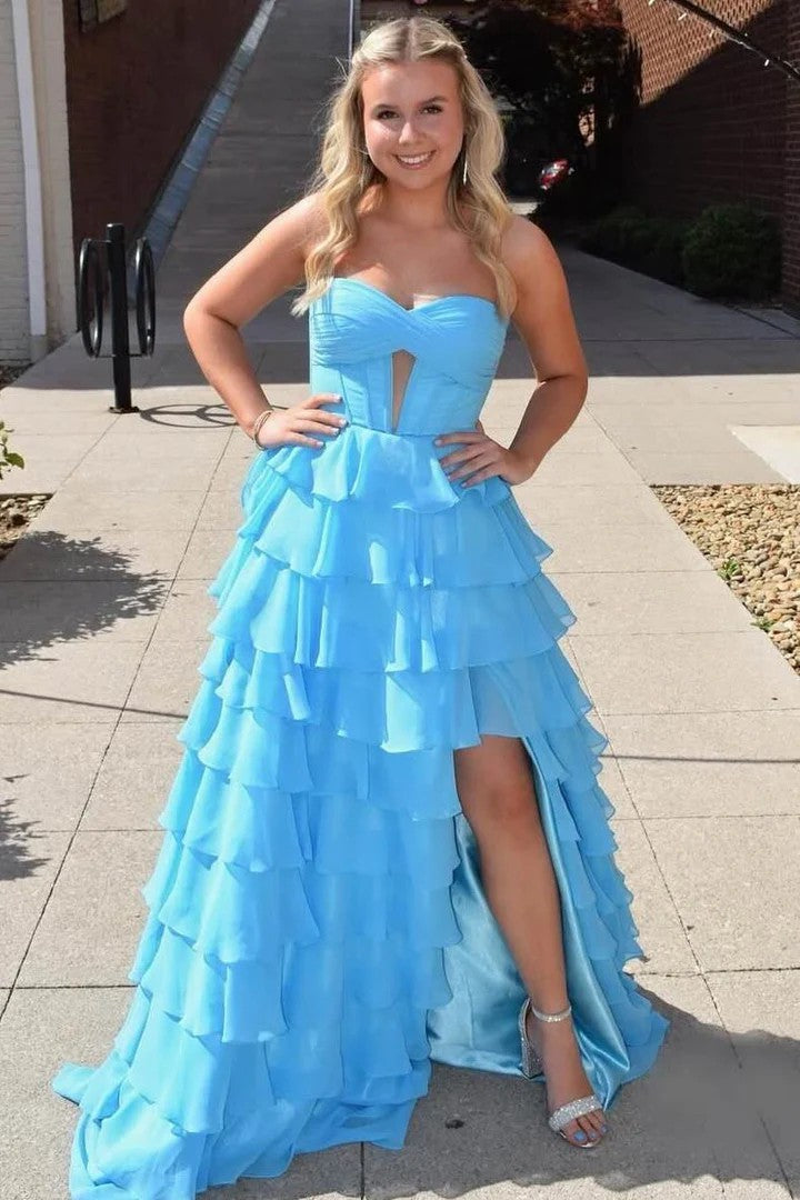 Lumidress Elegant Strapless A-Line Layered Chiffon Prom Dress with Slit