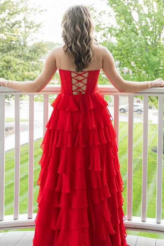 Lumidress Elegant Strapless A-Line Layered Chiffon Prom Dress with Slit