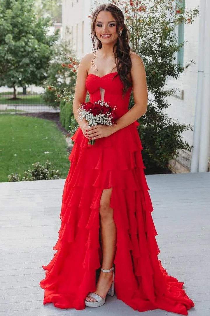 Lumidress Elegant Strapless A-Line Layered Chiffon Prom Dress with Slit