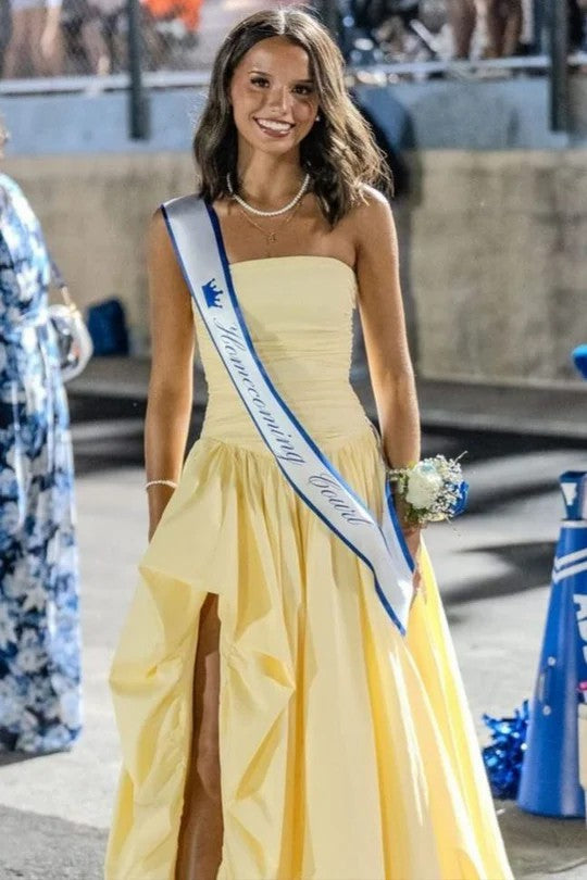 Lumidress Classy Yellow Strapless A-Line Satin Long Prom Dress with Slit