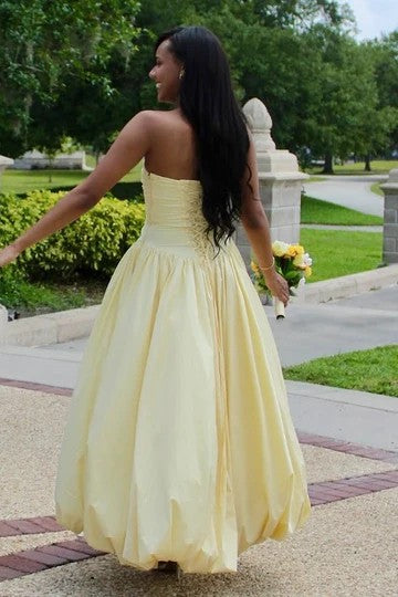 Lumidress Classy Yellow Strapless A-Line Satin Long Prom Dress with Slit