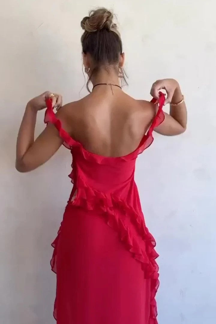 Elegant Plum Ruffle One-Shoulder Chiffon Evening Dress with Slit