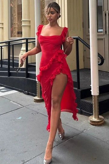 Elegant Plum Ruffle One-Shoulder Chiffon Evening Dress with Slit