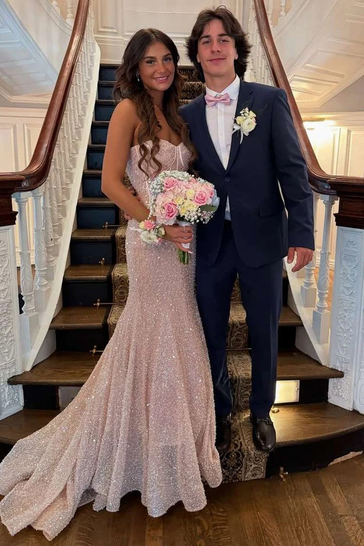 Lumidress Sparkling Pink Strapless Sweetheart Mermaid Prom Dress with Train